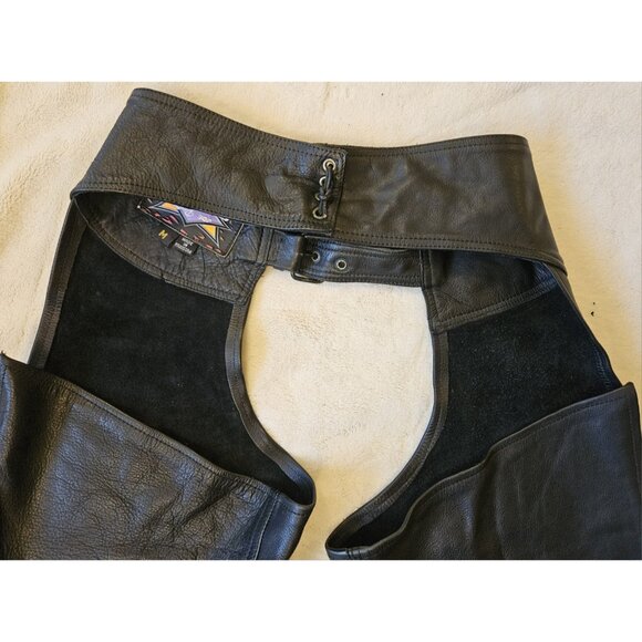 Joe Rocket Mens Black Leather Chaps Medium Open Back Pant 28"-32" Waist - Picture 7 of 13